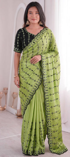 Green color Saree in Viscose fabric with Embroidered, Mirror, Thread work