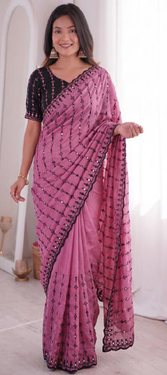 Purple and Violet color Saree in Viscose fabric with Embroidered, Mirror, Thread work