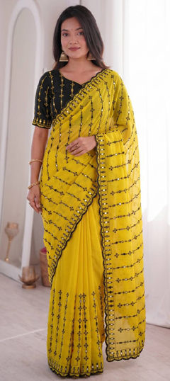 Yellow color Saree in Viscose fabric with Embroidered, Mirror, Thread work