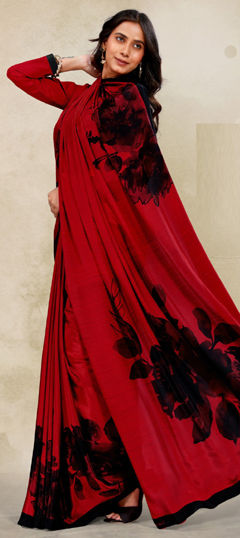 Red and Maroon color Saree in Crepe Silk fabric with Floral, Printed work