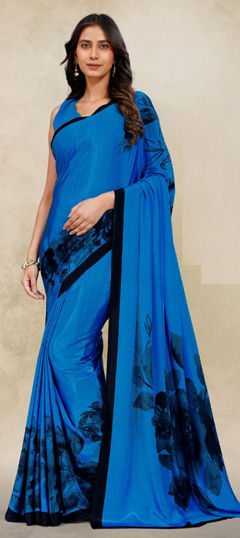 Blue color Saree in Crepe Silk fabric with Floral, Printed work