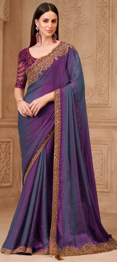 Purple and Violet color Saree in Georgette fabric with Embroidered, Sequence work