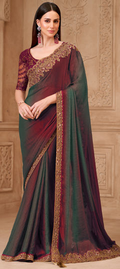 Green color Saree in Georgette fabric with Embroidered, Sequence work