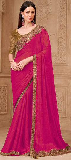 Pink and Majenta color Saree in Georgette fabric with Embroidered, Sequence work