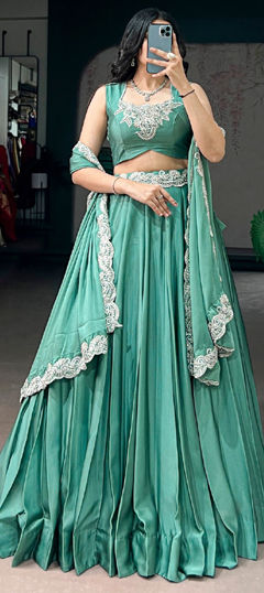 Green color Lehenga in Silk fabric with Bugle Beads, Embroidered, Sequence, Thread work