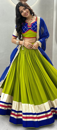 Green color Ready to Wear Lehenga in Cotton fabric with Lace work