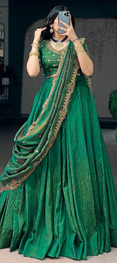 Green color Lehenga in Silk fabric with Embroidered, Sequence, Thread work