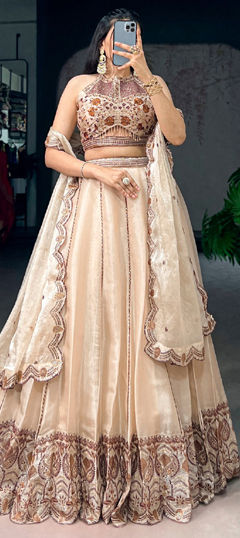 Beige and Brown color Lehenga in Georgette fabric with Printed work