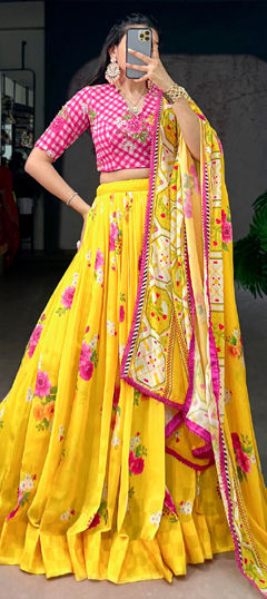 Yellow color Lehenga in Crushed Silk fabric with Floral, Printed work