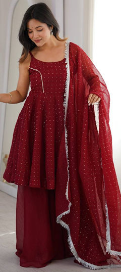 Red and Maroon color Salwar Kameez in Crushed Silk fabric with Zircon work