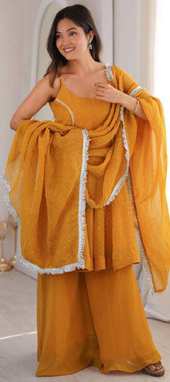 Yellow color Salwar Kameez in Crushed Silk fabric with Zircon work