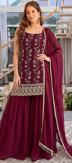 Red and Maroon color Salwar Kameez in Faux Georgette fabric with Embroidered, Sequence work