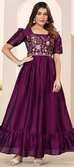 Purple and Violet color Gown in Silk fabric with Embroidered, Sequence work