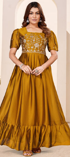 Yellow color Gown in Silk fabric with Embroidered, Sequence work