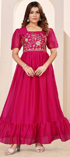 Pink and Majenta color Gown in Silk fabric with Embroidered, Sequence work