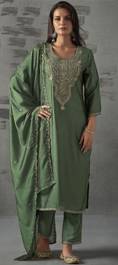 Green color Salwar Kameez in Silk fabric with Embroidered, Sequence work