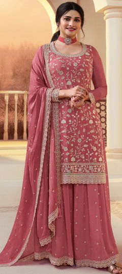 Pink and Majenta color Salwar Kameez in Chinon Silk fabric with Embroidered, Sequence work