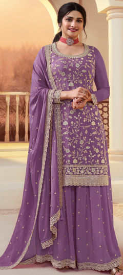 Purple and Violet color Salwar Kameez in Chinon Silk fabric with Embroidered, Sequence work