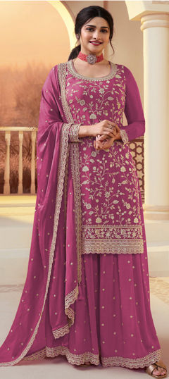 Pink and Majenta color Salwar Kameez in Chinon Silk fabric with Embroidered, Sequence work