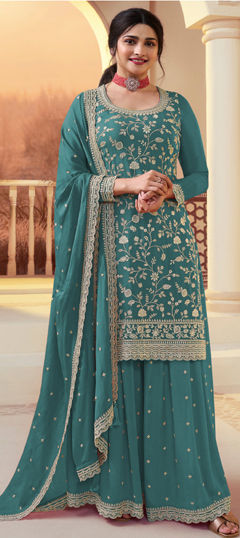 Blue color Salwar Kameez in Chinon Silk fabric with Embroidered, Sequence work