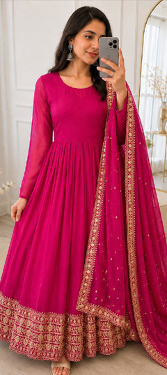 Pink and Majenta color Salwar Kameez in Faux Georgette fabric with Embroidered, Sequence work