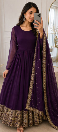 Purple and Violet color Salwar Kameez in Faux Georgette fabric with Embroidered, Sequence work
