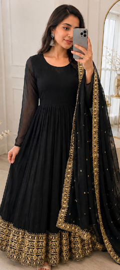 Black and Grey color Salwar Kameez in Faux Georgette fabric with Embroidered, Sequence work