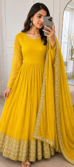 Yellow color Salwar Kameez in Faux Georgette fabric with Embroidered, Sequence work