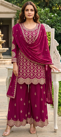 Red and Maroon color Salwar Kameez in Chinon Silk fabric with Embroidered work