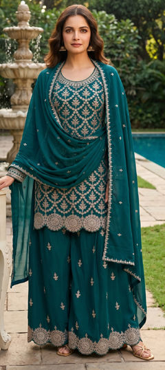 Green color Salwar Kameez in Chinon Silk fabric with Embroidered work