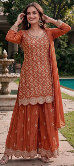 Beige and Brown color Salwar Kameez in Chinon Silk fabric with Embroidered work