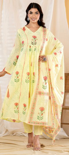 Yellow color Salwar Kameez in Mul Cotton fabric with Floral, Mirror, Printed work
