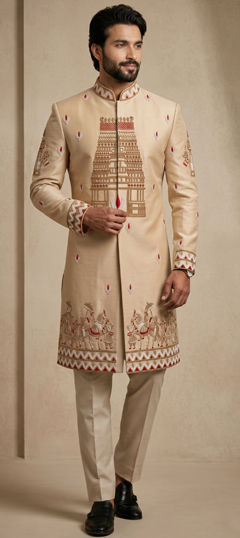 Beige and Brown color IndoWestern Dress in Satin Silk fabric with Bugle Beads work