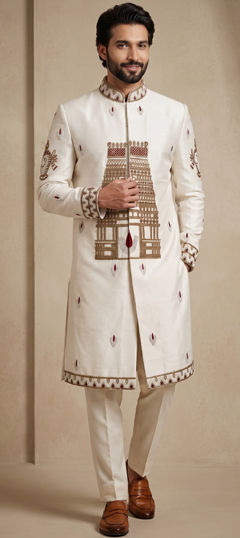 White and Off White color IndoWestern Dress in Satin Silk fabric with Bugle Beads work