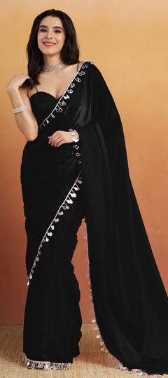 Black and Grey color Readymade Saree in Organza Silk fabric with Border work