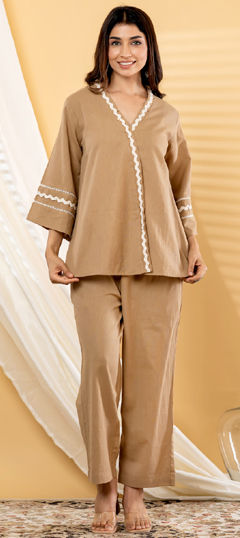 Beige and Brown color Co-ords Set in Cotton Flex fabric with Lace work