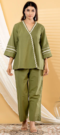 Green color Co-ords Set in Cotton Flex fabric with Lace work