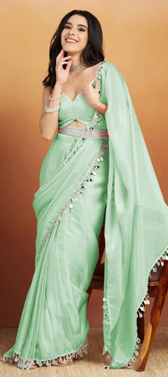 Green color Readymade Saree in Organza Silk fabric with Border work