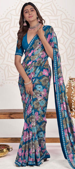 Multicolor color Saree in Georgette fabric with Floral, Printed, Stone work