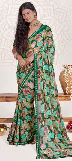 Multicolor color Saree in Georgette fabric with Floral, Printed, Stone work