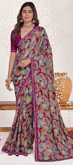Multicolor color Saree in Georgette fabric with Floral, Printed, Stone work