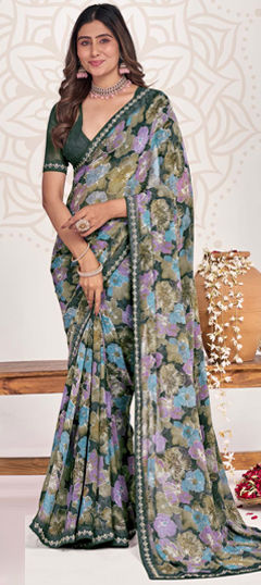 Multicolor color Saree in Georgette fabric with Floral, Printed, Stone work