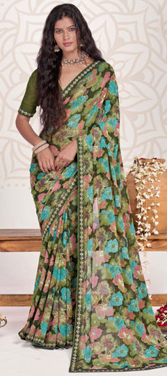 Multicolor color Saree in Georgette fabric with Floral, Printed, Stone work