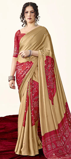 Beige and Brown, Pink and Majenta color Saree in Silk fabric with Bandhej, Mirror, Printed work