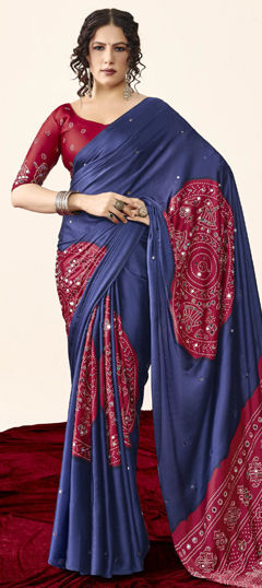 Blue, Pink and Majenta color Saree in Silk fabric with Bandhej, Mirror, Printed work
