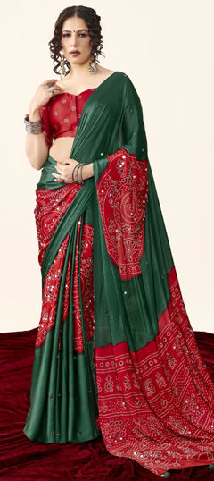 Green, Red and Maroon color Saree in Silk fabric with Bandhej, Mirror, Printed work