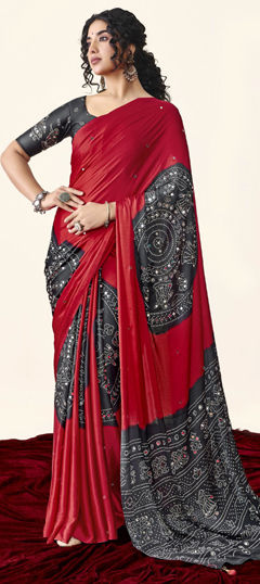 Black and Grey, Red and Maroon color Saree in Silk fabric with Bandhej, Mirror, Printed work