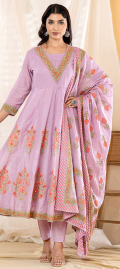 Purple and Violet color Salwar Kameez in Mul Cotton fabric with Floral, Mirror, Printed work