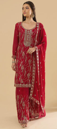 Red and Maroon color Salwar Kameez in Tissue fabric with Embroidered, Sequence work