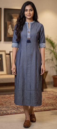 Black and Grey color Dress in Denim fabric with Printed work